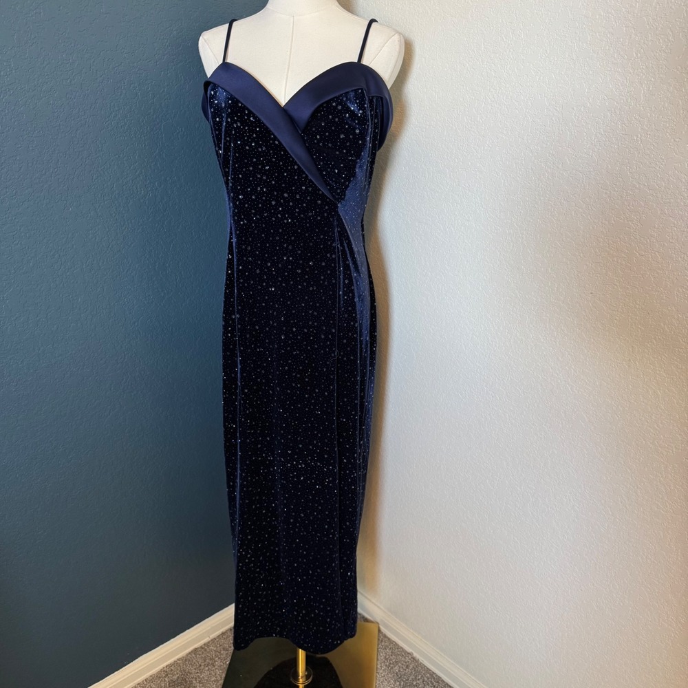 Vintage Starry Night Velvet Gown Betsy & Adam Maxi Dress Navy Blue